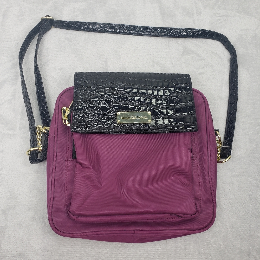 Samantha Brown Travel Organizer Crossbody Purple Black Purse Crocodile Trim